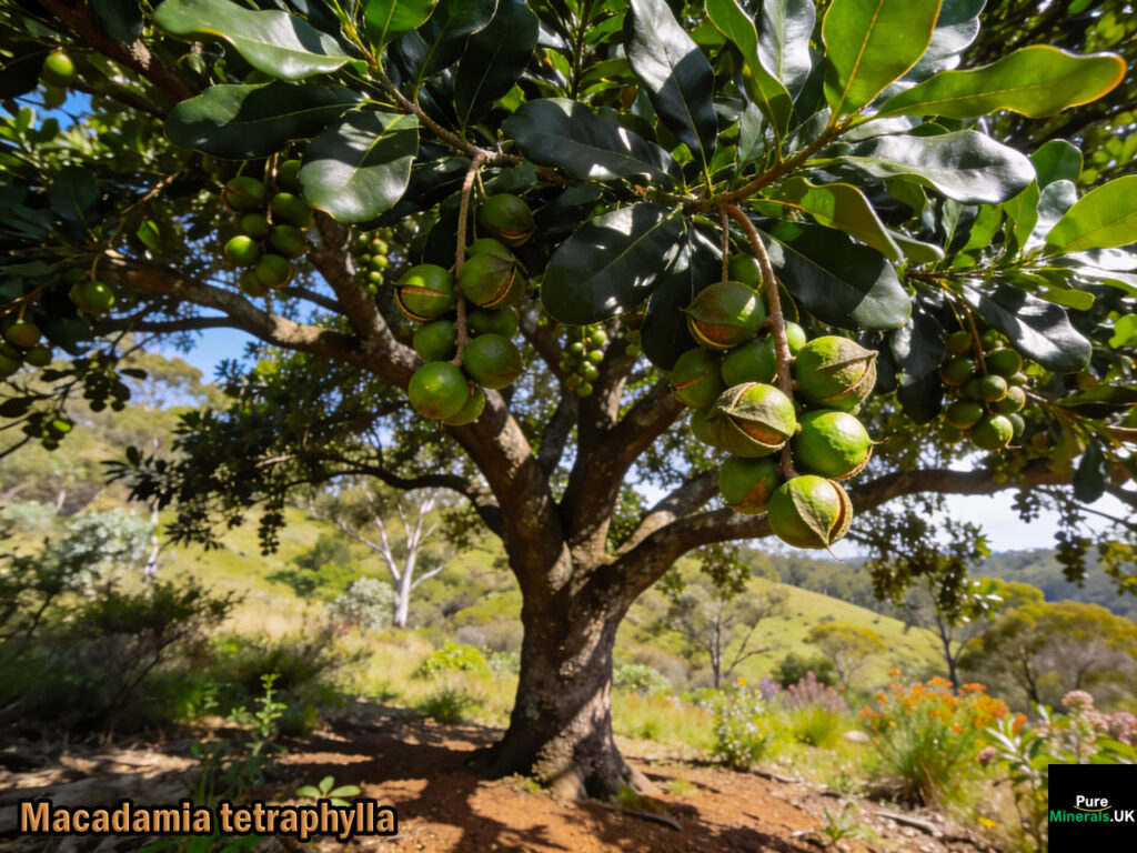 A New South Wales Macadamia tetraphylla tree with ripe Macadamia nuts.