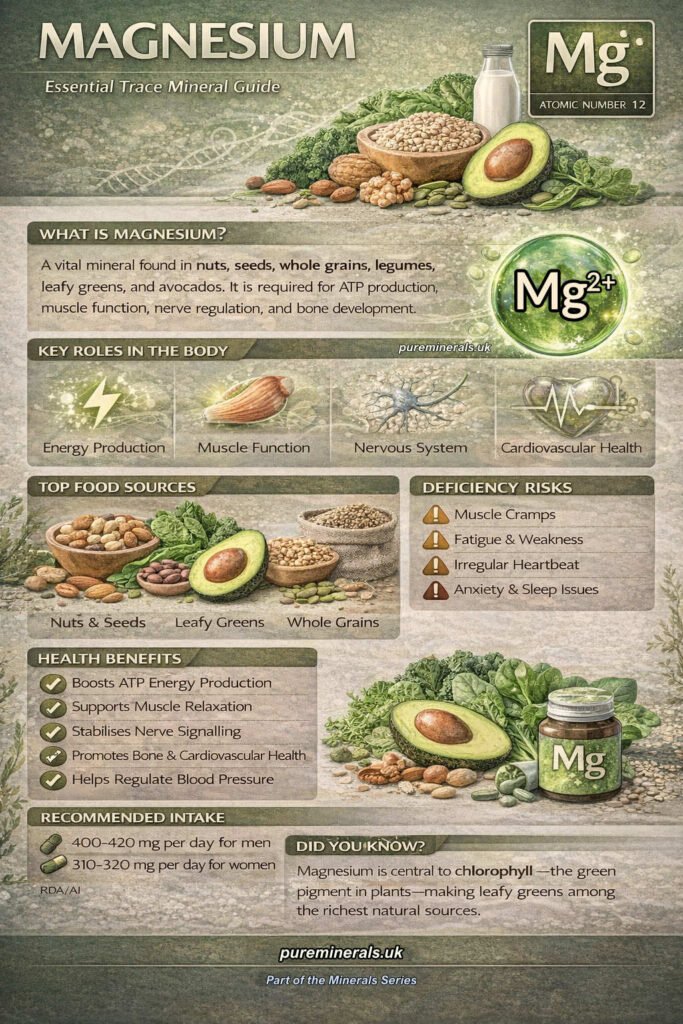 Magnesium mineral infographic showing energy production, muscle function, nervous system support, and plant-based food sources