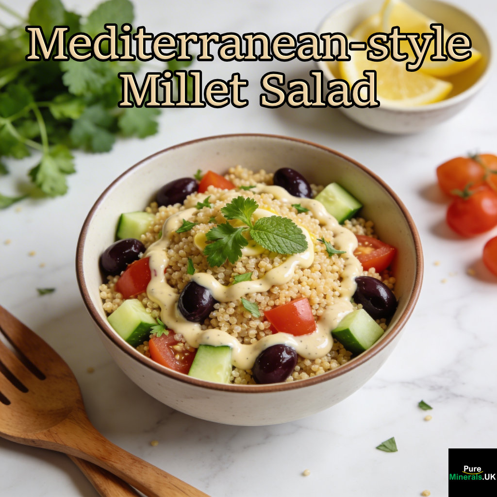 A bowl of millet salad with cucumber, tomatoes, olives, and herbs drizzled with lemon tahini dressing on a modern kitchen countertop.