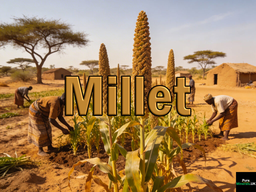Tall pearl millet plants with cylindrical seed heads growing on a farm in Mali, with farmers working in a dry Sahel landscape under warm sunlight.