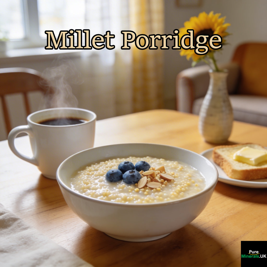 A bowl of creamy millet porridge on a breakfast table with morning light, accompanied by a cup of coffee in a cozy dining room.