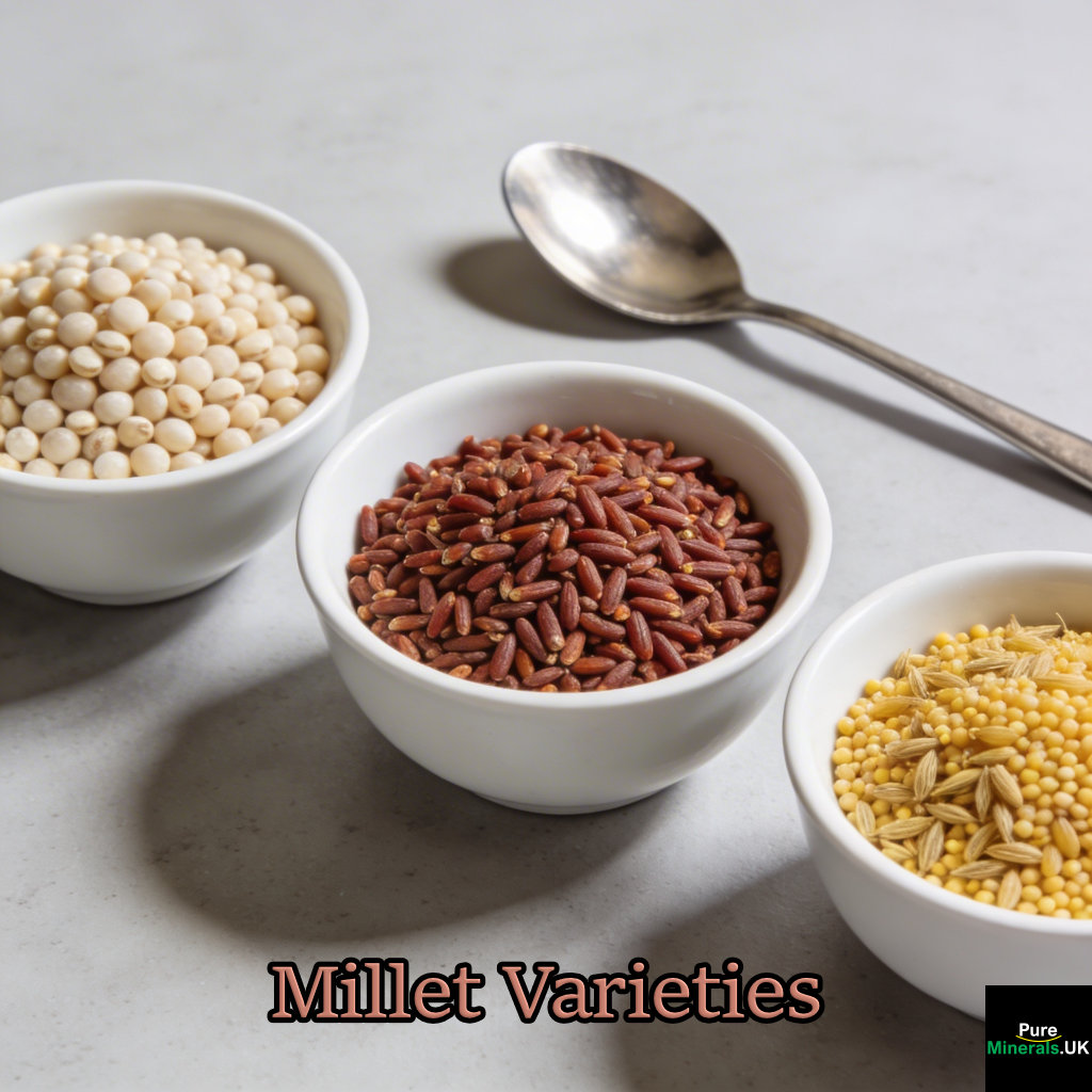 Three bowls of millet in a modern kitchen showing pearl millet, finger millet, and foxtail millet with distinct sizes and colors.