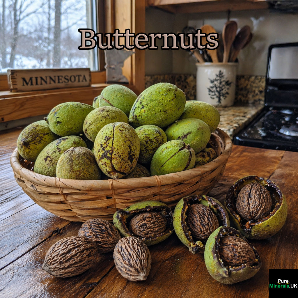 The egg-shaped Butternut tree fruit is a drupe and has a sticky, greenish-brown husk. The hard woody pit, which is not a true nut, bears many ridges and contains a sweet, oily seed.