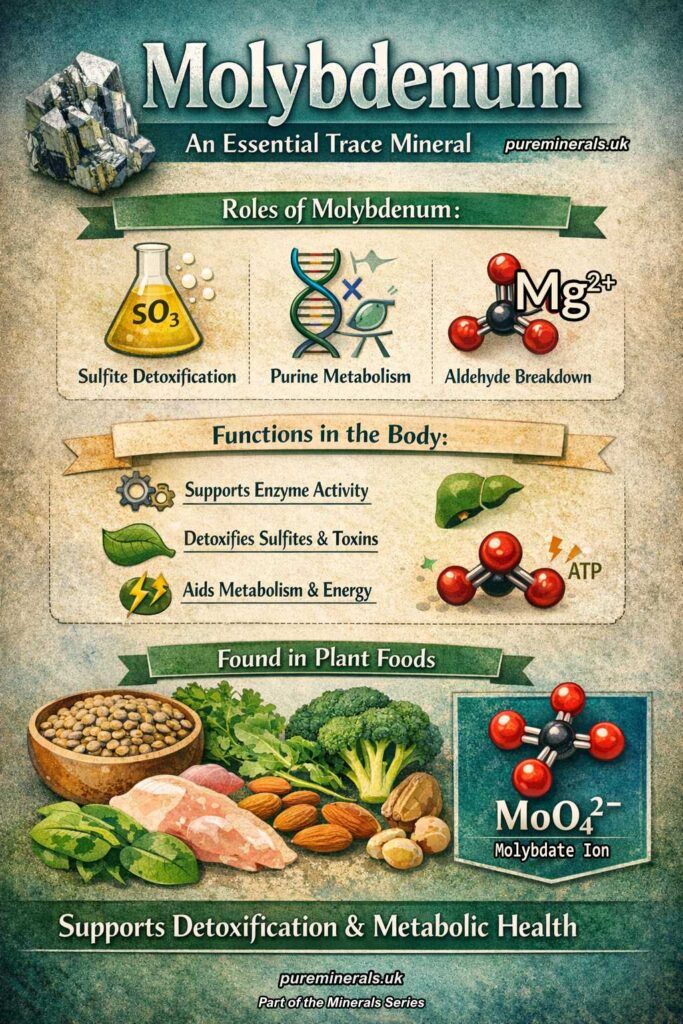 Infographic explaining molybdenum as a trace mineral, showing its role in sulfite detoxification, purine metabolism, enzyme activity, and plant-based food sources such as legumes, leafy greens, and nuts.
