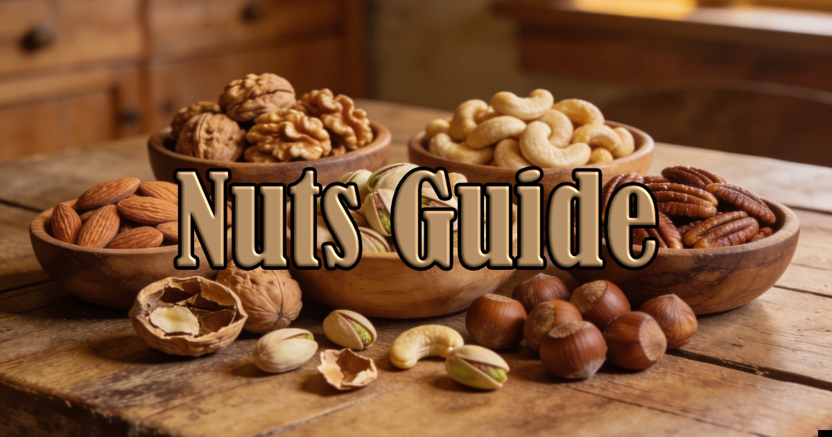 A variety of nuts including almonds, walnuts, cashews, pistachios, hazelnuts, and pecans arranged in wooden bowls on a rustic farmhouse kitchen table.