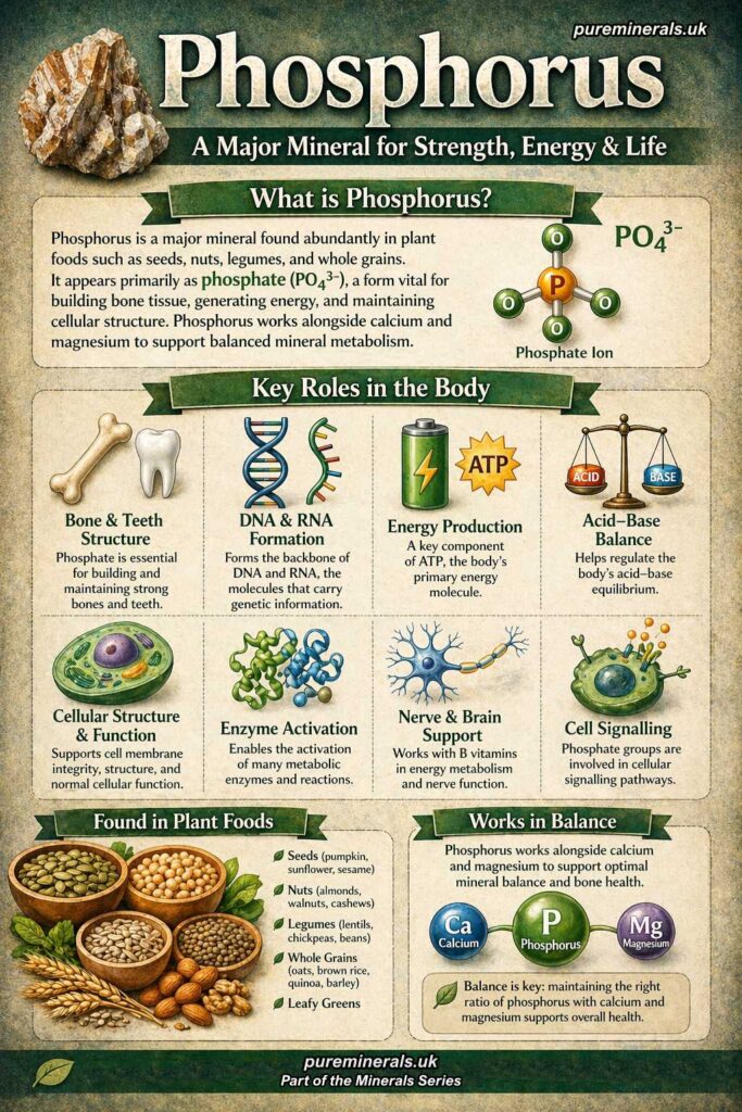 Infographic explaining phosphorus as a major mineral, showing its roles in bone and teeth structure, DNA and RNA formation, energy production through ATP, acid–base balance, cellular structure, enzyme activation, and plant-based food sources such as seeds, nuts, legumes, and whole grains.