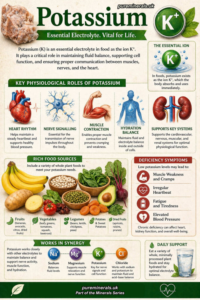 Infographic explaining potassium as an essential electrolyte (K⁺), highlighting its roles in heart rhythm, nerve signalling, muscle contraction, hydration balance, and food sources such as bananas, leafy greens, legumes, and potatoes.