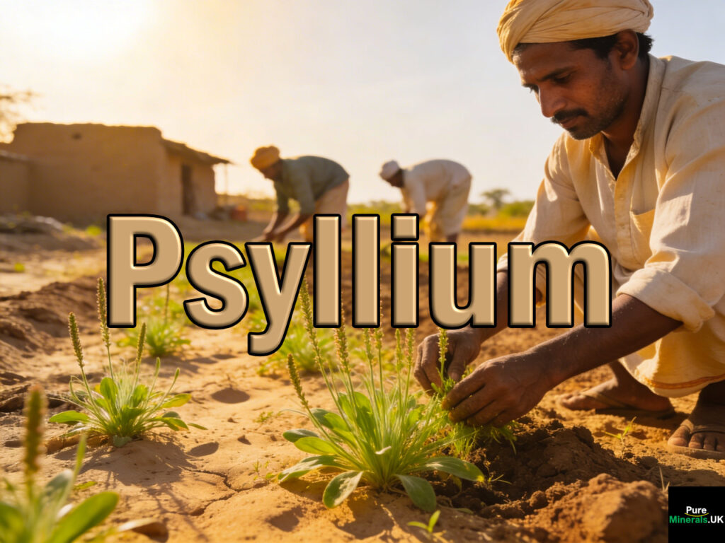 Low-growing psyllium plants with slender flower spikes on a dry farm in North Gujarat, with farmers working under warm sunlight in an arid landscape.
