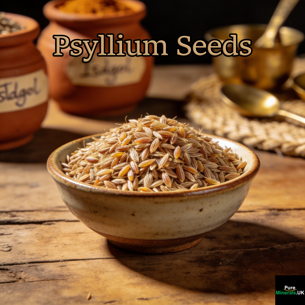 A bowl of tiny light brown psyllium seeds on a wooden countertop in a traditional Indian kitchen with spice jars.