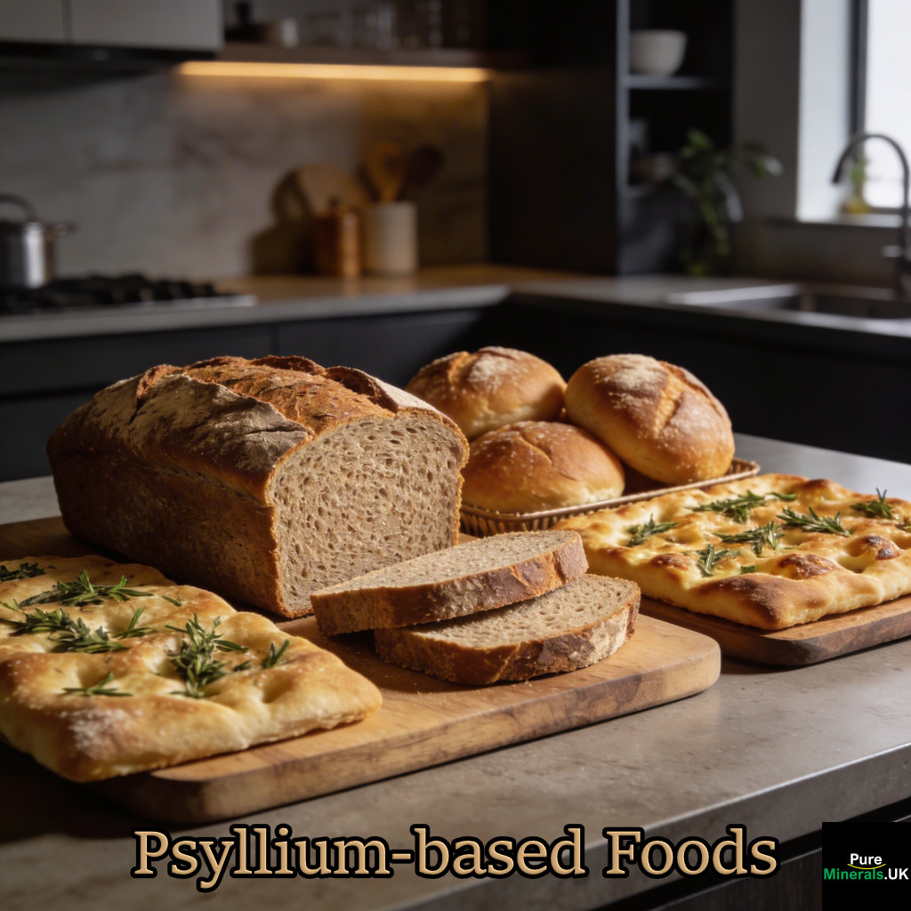 A selection of keto bread, crusty buns, and focaccia made with psyllium husk on a modern kitchen countertop.