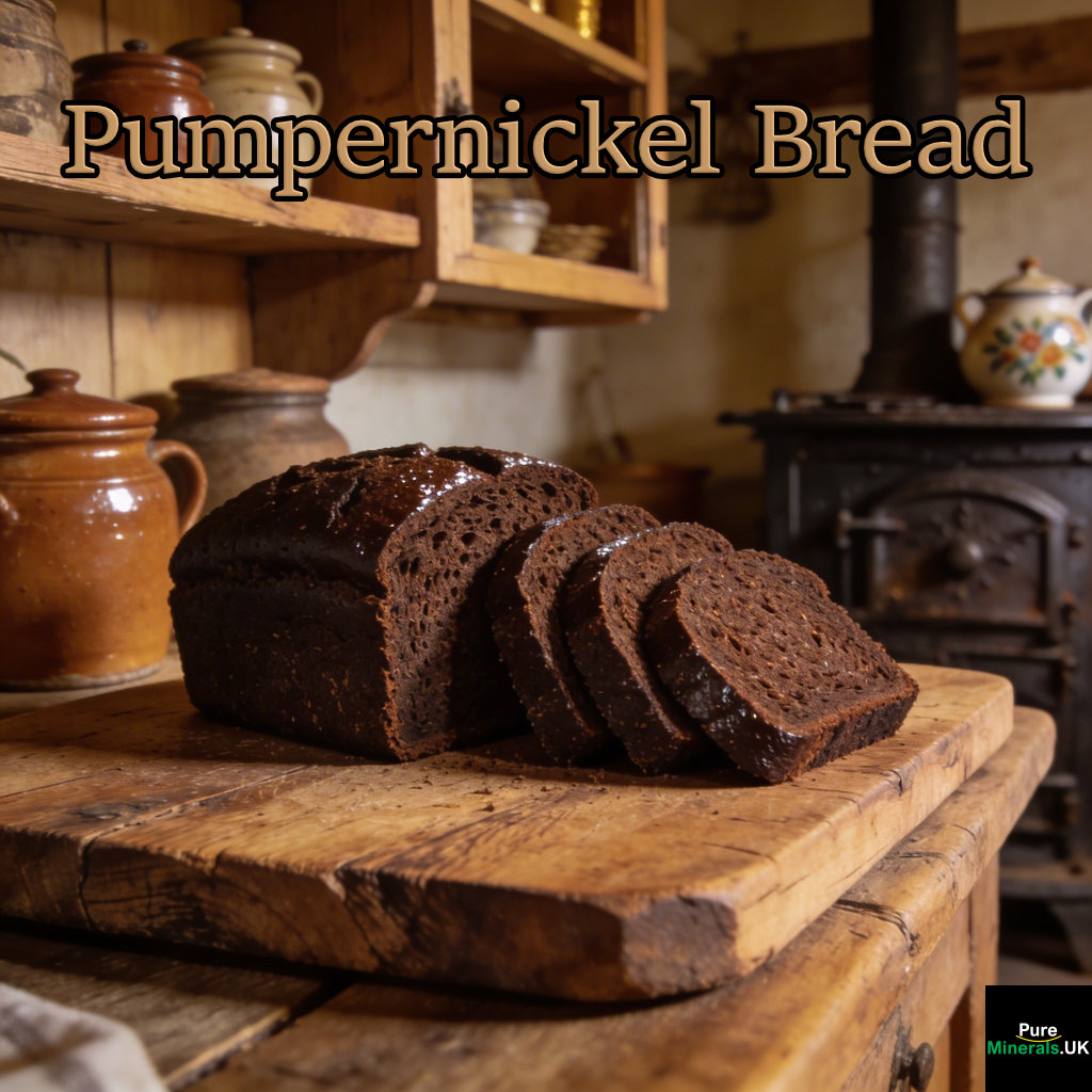 Dense dark slices of pumpernickel bread arranged on a wooden board in a German kitchen with rustic elements.