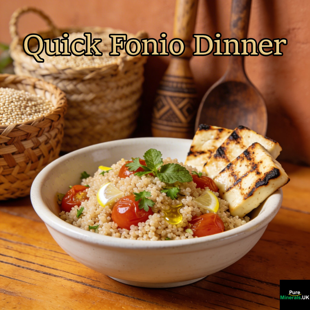 A bowl of fonio mixed with roasted cherry tomatoes and herbs served with grilled halloumi in a warm Guinean kitchen.