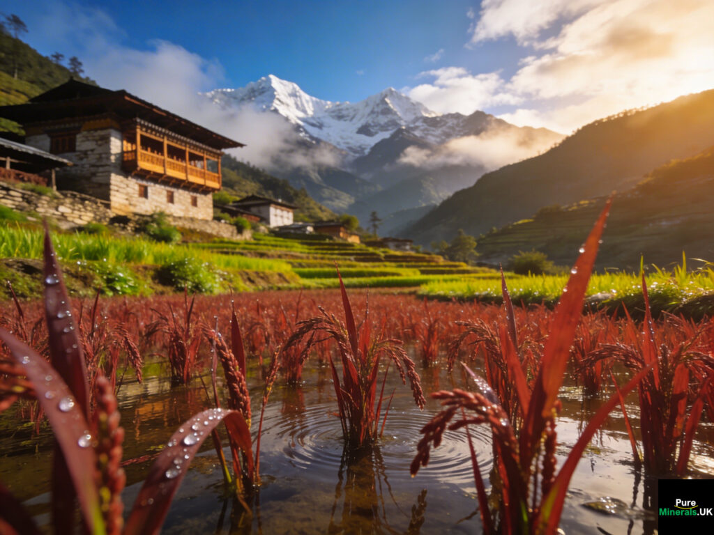 Terraced high-altitude fields of red rice growing in Bhutan with Himalayan mountains, mist, and traditional houses in the background.