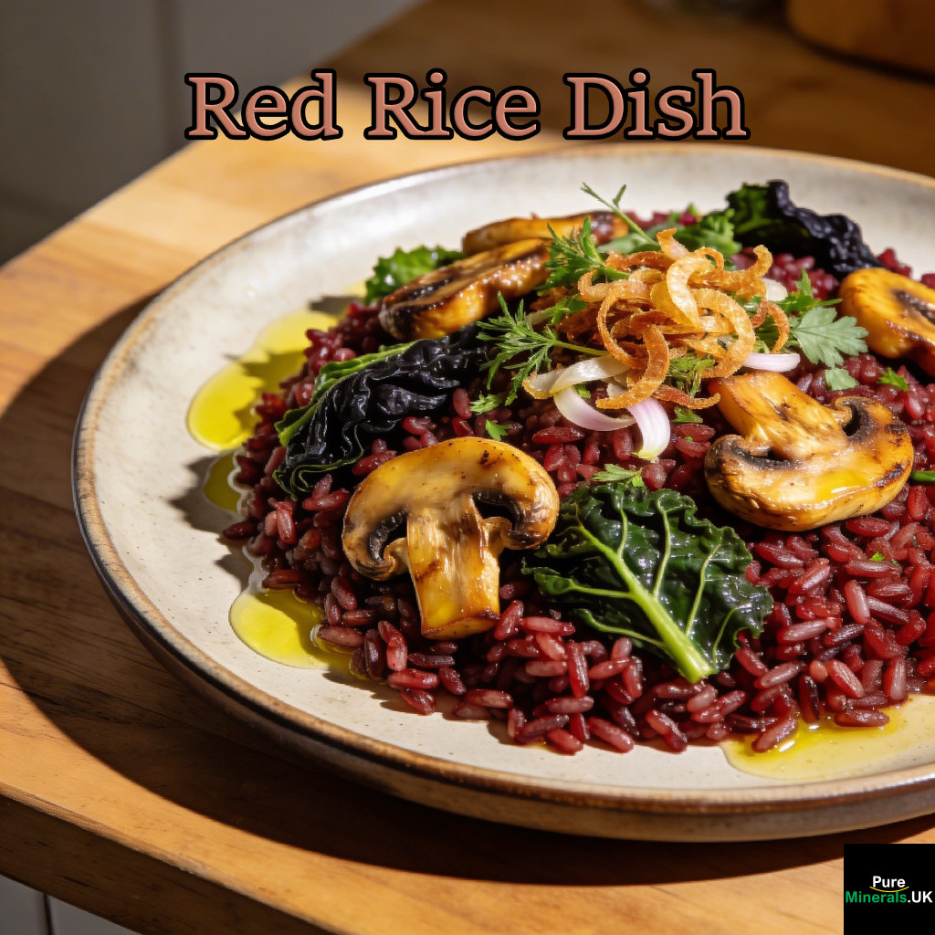 A bowl of red rice mixed with sautéed mushrooms and dark green cavolo nero on a wooden countertop in a softly lit kitchen.