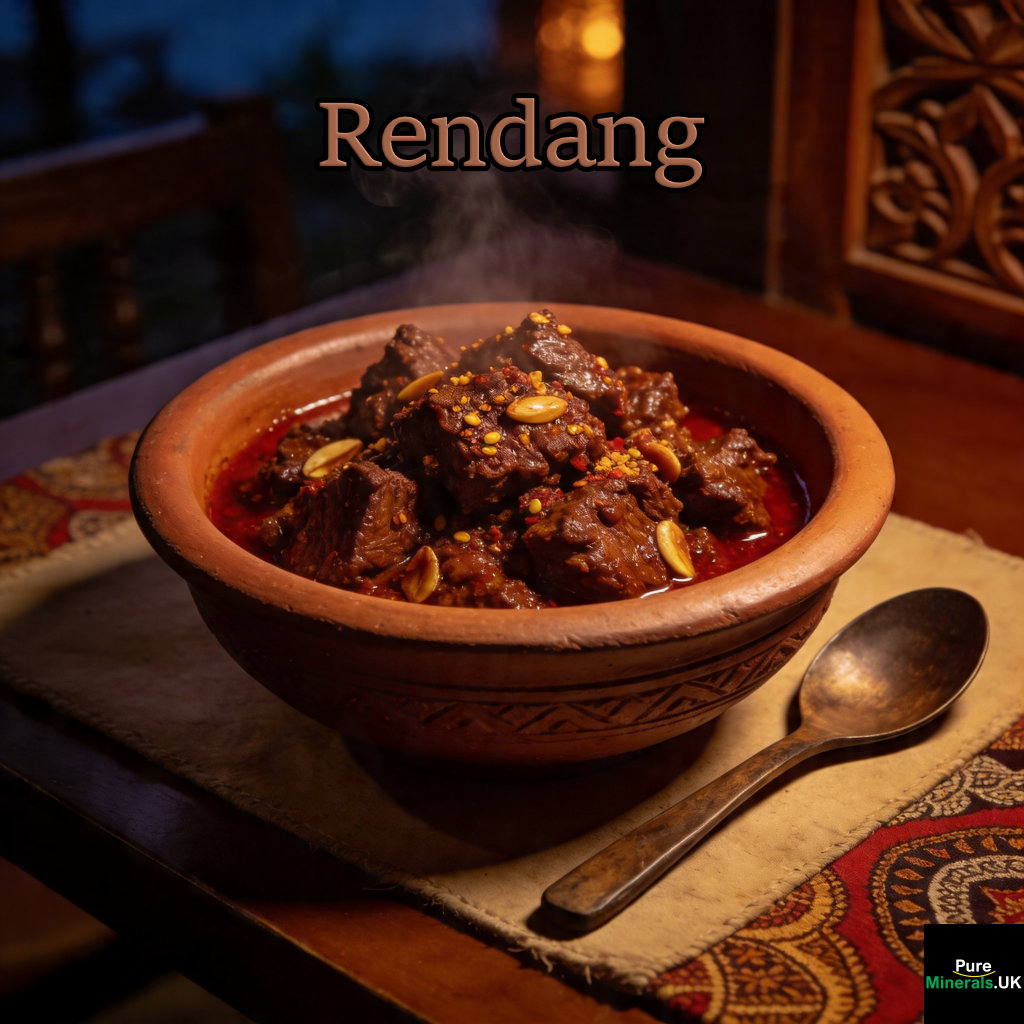 Rendang — a slow-cooked dry beef curry where candlenuts are ground into the base spice paste to provide body and help bind the caramelized coconut milk coating to the meat.