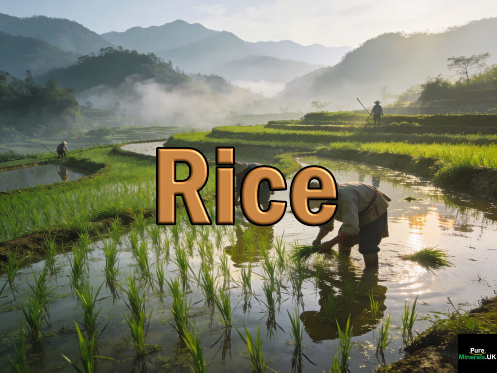 Lush green rice plants growing in flooded paddy terraces in China, with farmers working and mountains in the misty background.