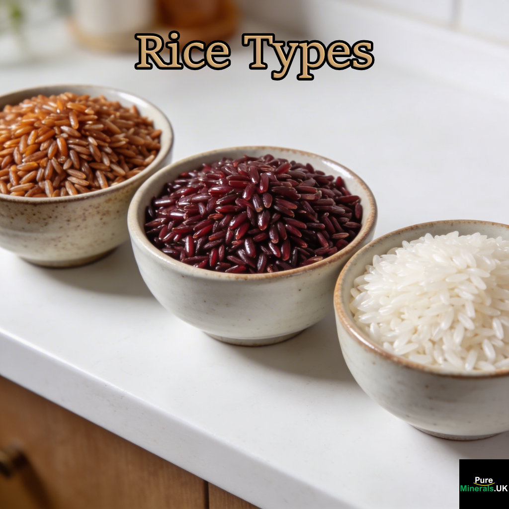 Three bowls of rice in a modern kitchen showing brown rice, red rice, and white rice with distinct colors and textures side by side.