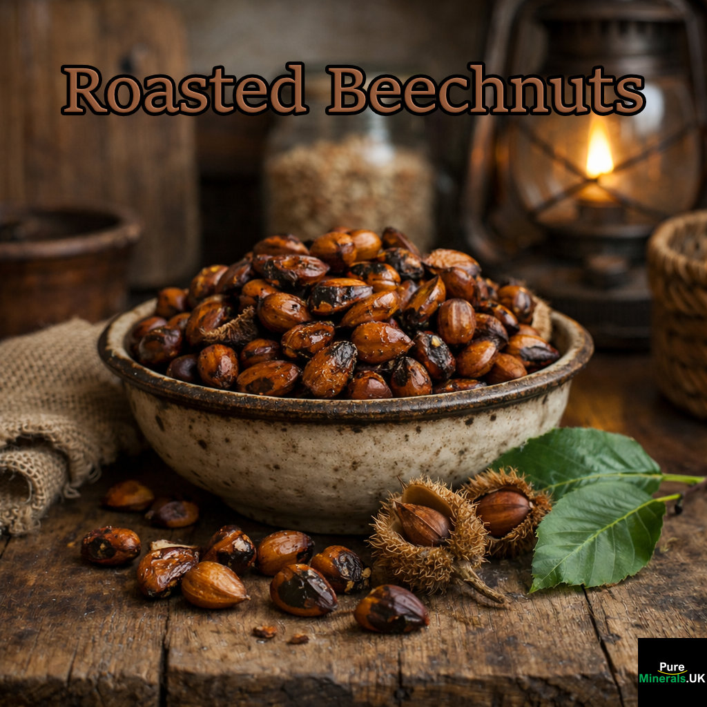 A rustic farmhouse kitchen scene featuring a ceramic bowl filled with roasted beechnuts, their glossy brown surfaces lightly charred. Some nuts and split husks are scattered on a weathered wooden table, alongside green leaves. A softly glowing lantern and blurred jars in the background create a warm, cozy atmosphere.