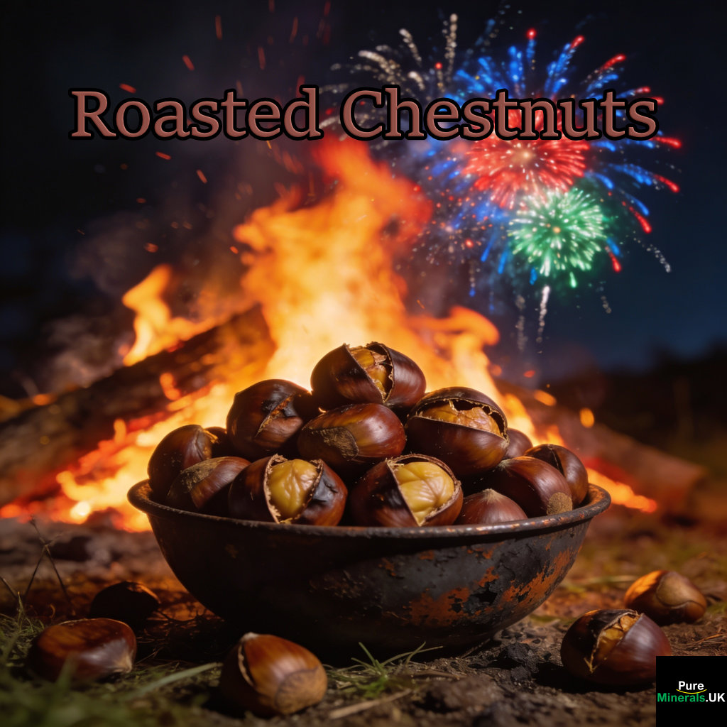 Roasted chestnuts at a bonfire event during a UK bonfire night celebration with fireworks on 5 November.