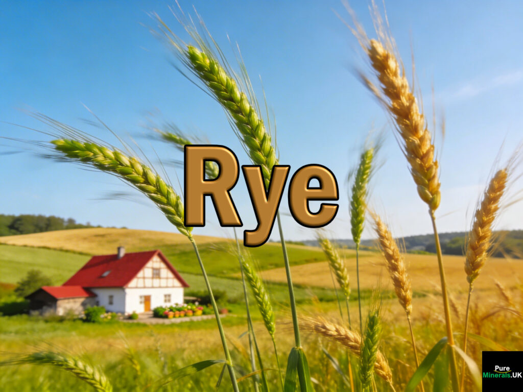 Rye growing on a typical German farm. The scene shows tall, slender rye plants with green to golden heads swaying across expansive fields. The landscape features gently rolling countryside, a traditional German farmhouse, and a clear blue sky illuminated by soft sunlight, capturing the calm and productive agricultural setting of rye cultivation in Germany.