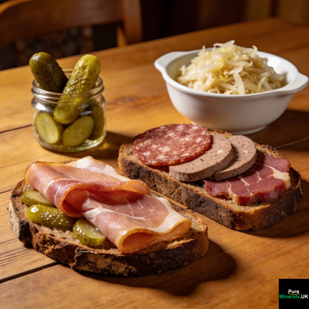 A German dining table with slices of rye bread topped with smoked ham, salami, liverwurst, and pastrami, served alongside gherkins and sauerkraut.