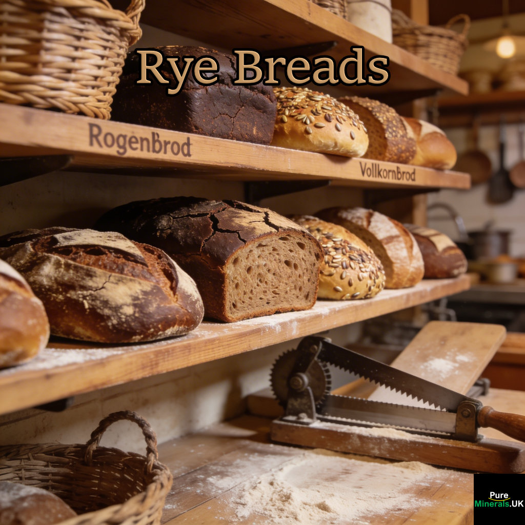 Assorted German rye breads including dense Vollkornbrot and lighter loaves displayed on wooden shelves in a traditional bakery.