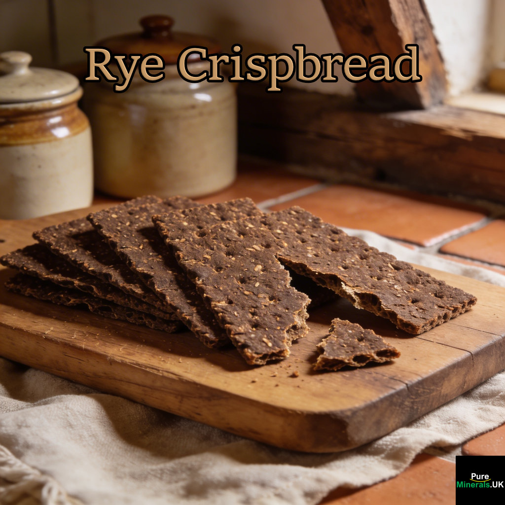 Thin, dark rye crispbread pieces made from wholemeal rye arranged on a wooden board in a German farmhouse kitchen.