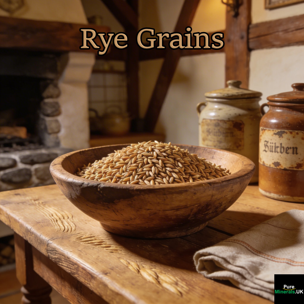 A wooden bowl filled with small elongated rye grains on a rustic table in a cozy German farmhouse kitchen with warm lighting and ceramic jars.
