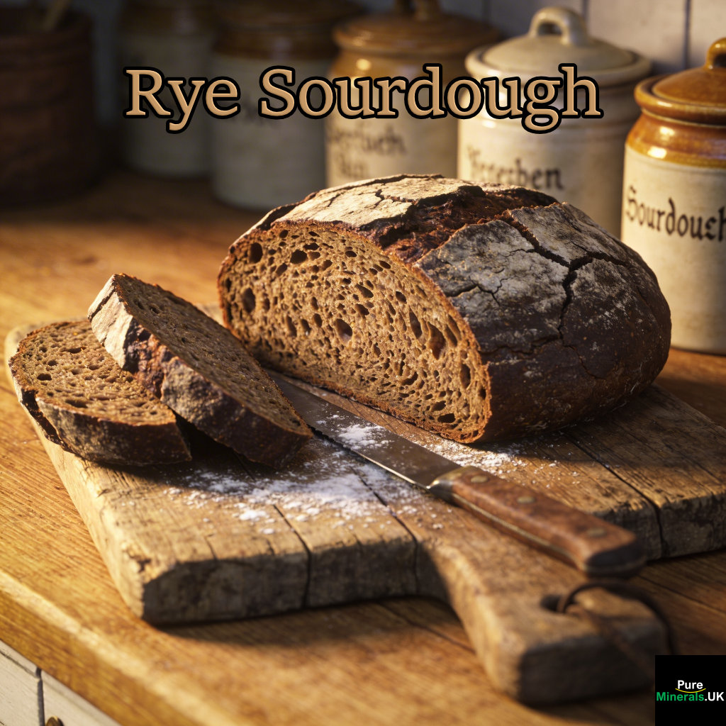 A rustic loaf of sourdough rye bread with a dark crust and dense crumb, sliced on a wooden board in a German farmhouse kitchen.