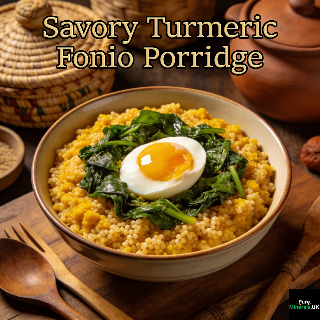 A bowl of golden turmeric fonio porridge topped with sautéed greens and a soft-boiled egg in a warm Guinean kitchen with traditional elements.