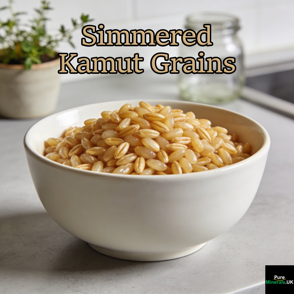 A bowl of plump, golden cooked Kamut grains in a kitchen, showing their large size and tender texture.