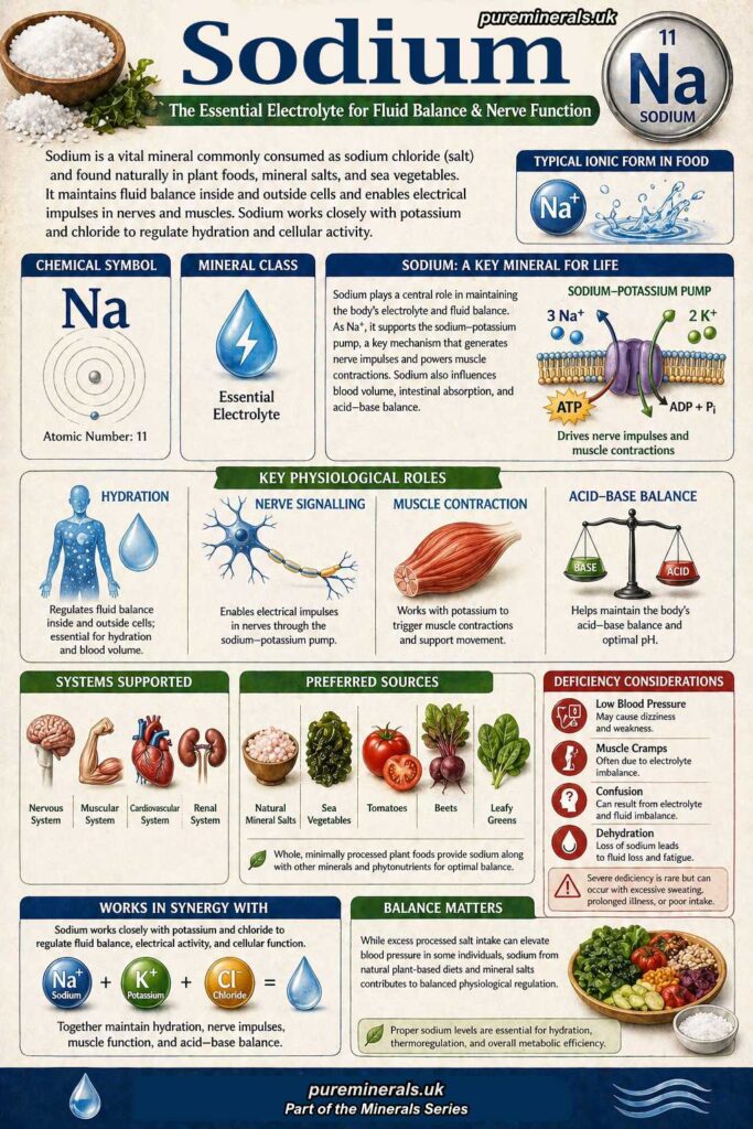 Infographic explaining sodium as an essential electrolyte (Na⁺), highlighting its roles in fluid balance, nerve signalling, muscle contraction, acid–base balance, and sources such as mineral salts, sea vegetables, tomatoes, beets, and leafy greens.