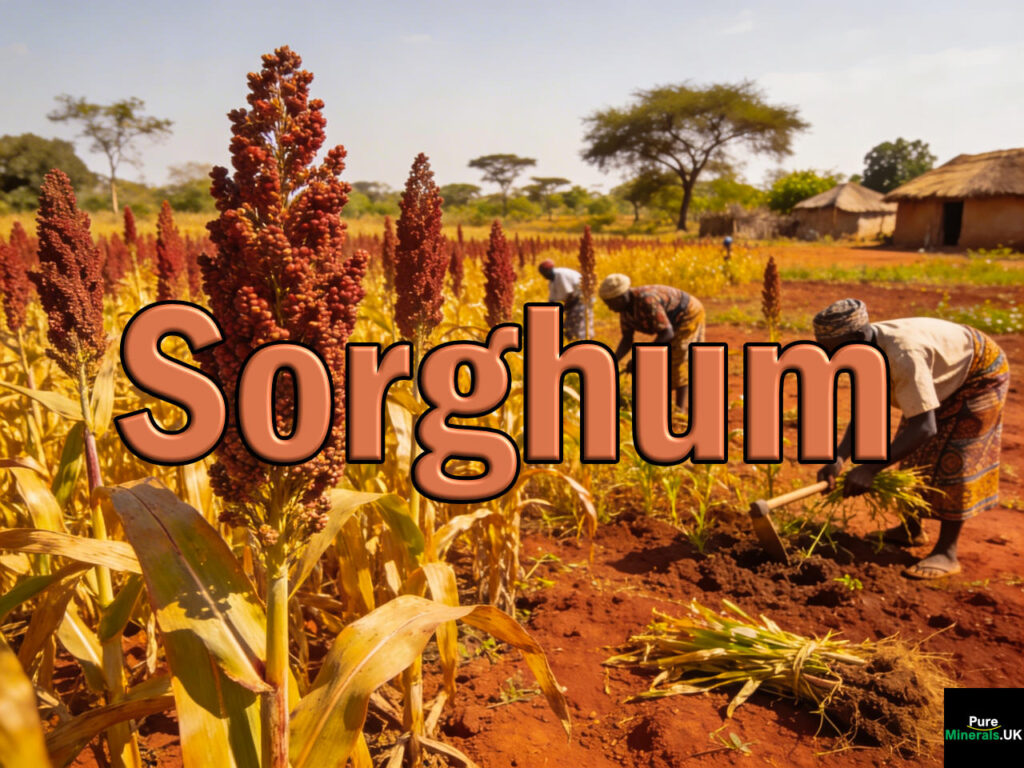 Tall sorghum plants with reddish seed heads growing on a Nigerian farm, with farmers working in a warm rural landscape of red soil and scattered trees.