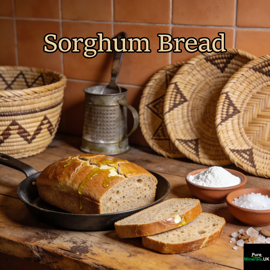 A golden gluten-free sorghum sandwich loaf in a loaf pan with slices showing a soft crumb, set on a wooden surface in a warm Nigerian kitchen.