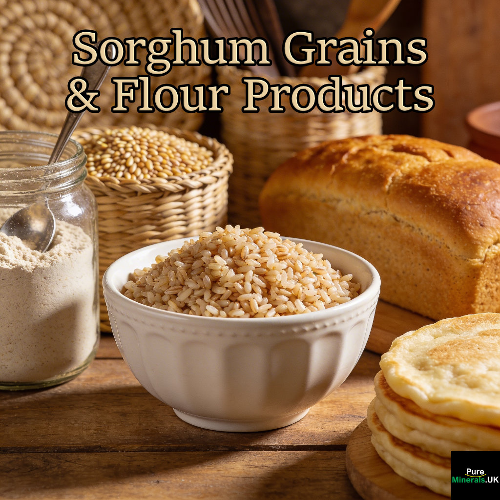 A Nigerian kitchen scene showing a bowl of cooked sorghum grains, sorghum flour, and baked goods like bread and pancakes on a wooden surface with traditional elements.
