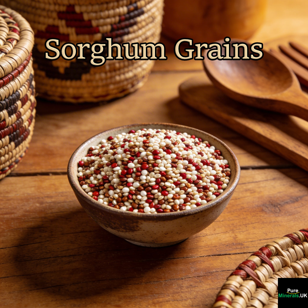 A bowl of small round sorghum grains in white, red, and brown shades on a wooden surface in a warm Nigerian kitchen with traditional elements.