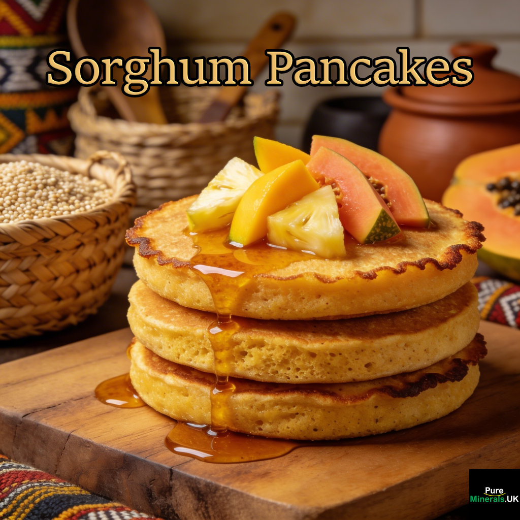 A stack of golden sorghum flour pancakes topped with fresh fruit and maple syrup on a wooden surface in a warm Nigerian kitchen.