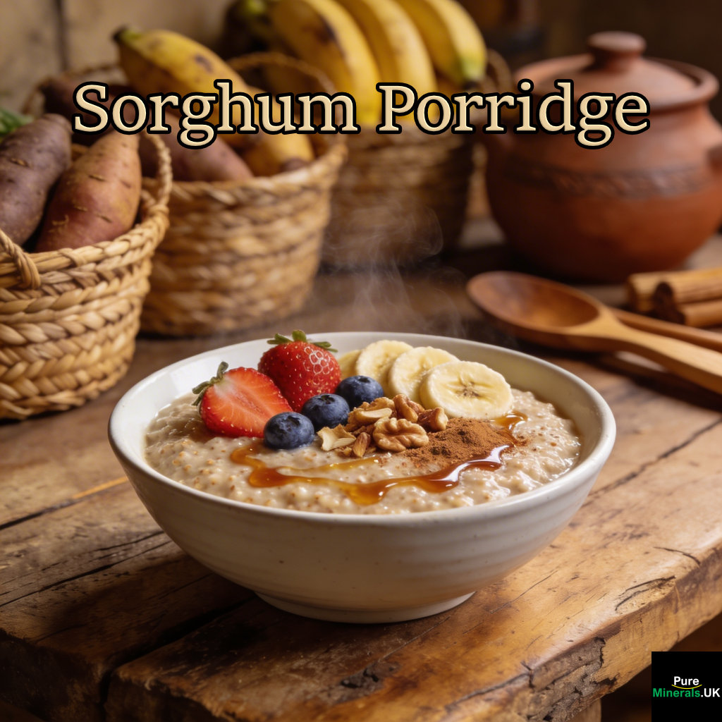 A bowl of creamy sorghum porridge topped with berries, banana slices, walnuts, maple syrup, and cinnamon in a warm Nigerian kitchen.