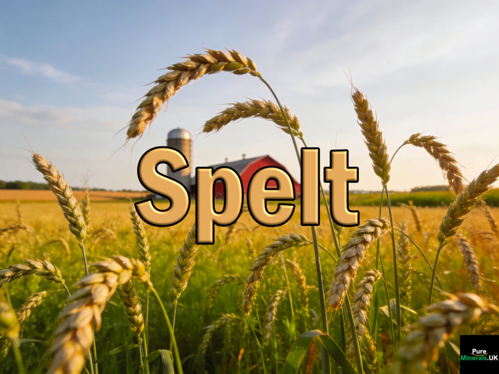 Tall spelt plants with slightly drooping heads growing in a golden-green field on an Ohio farm with a red barn and silo under a clear sky.