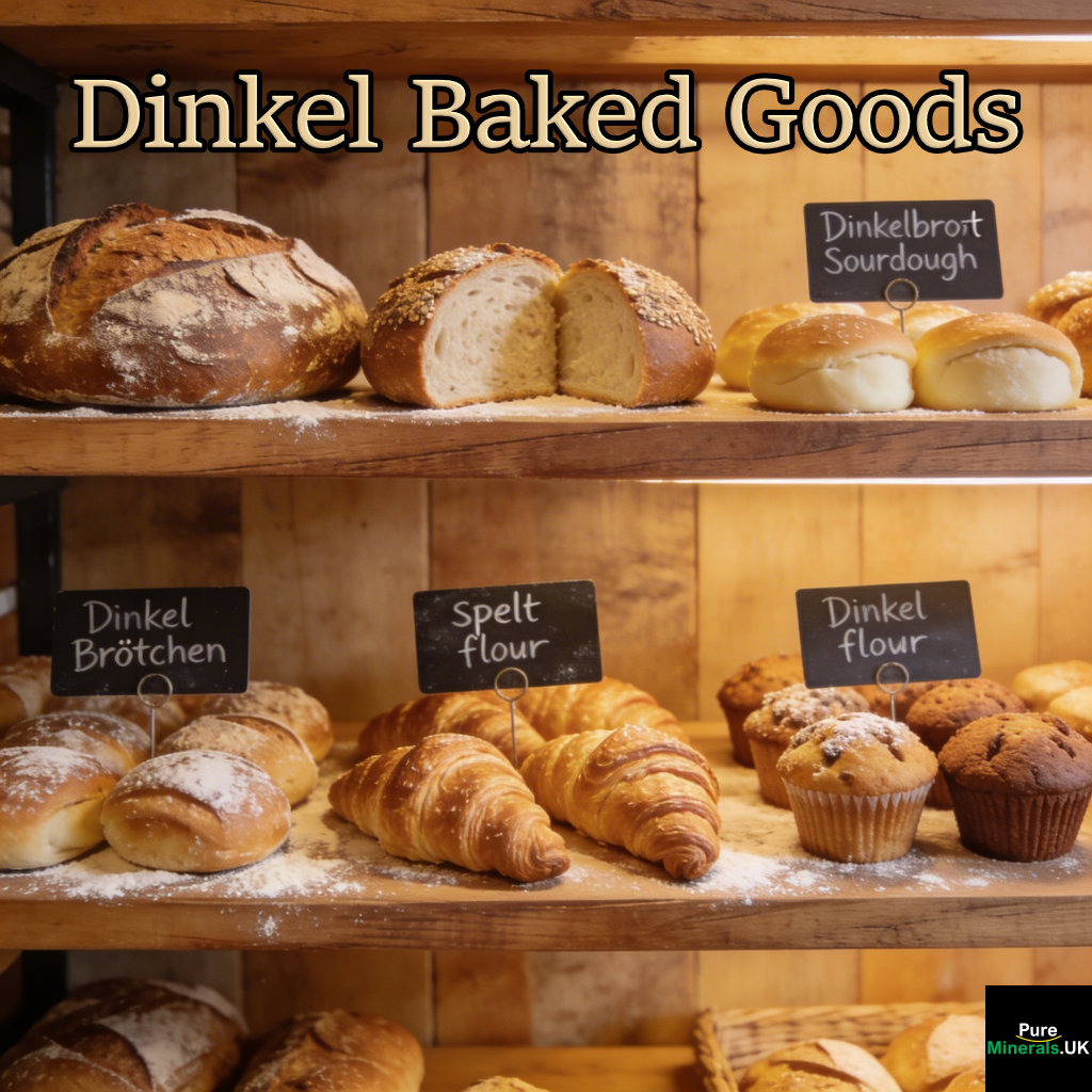 A display of spelt (Dinkel) baked goods including sourdough loaves, bread rolls, and pastries on wooden shelves in a warm German bakery.