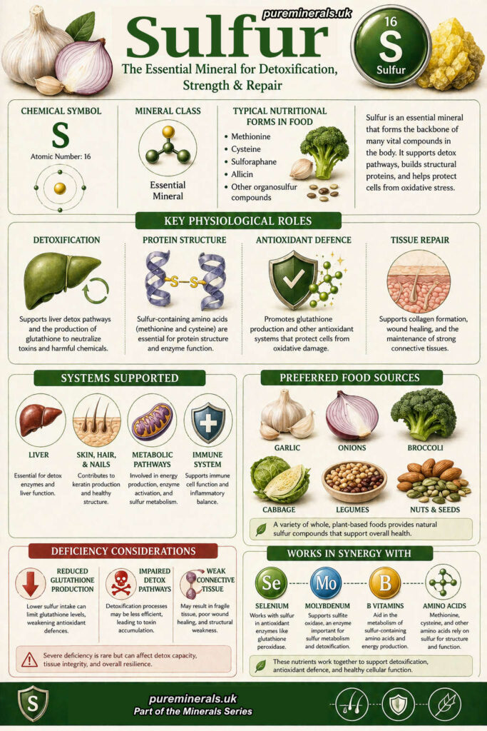 Infographic explaining sulfur as an essential mineral, highlighting its roles in detoxification, protein structure, antioxidant defence, tissue repair, and food sources such as garlic, onions, broccoli, legumes, nuts, and seeds.