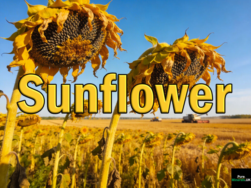 A vast field of ripe sunflower plants with large drooping heads ready for harvest on a Russian farm under a wide blue sky.