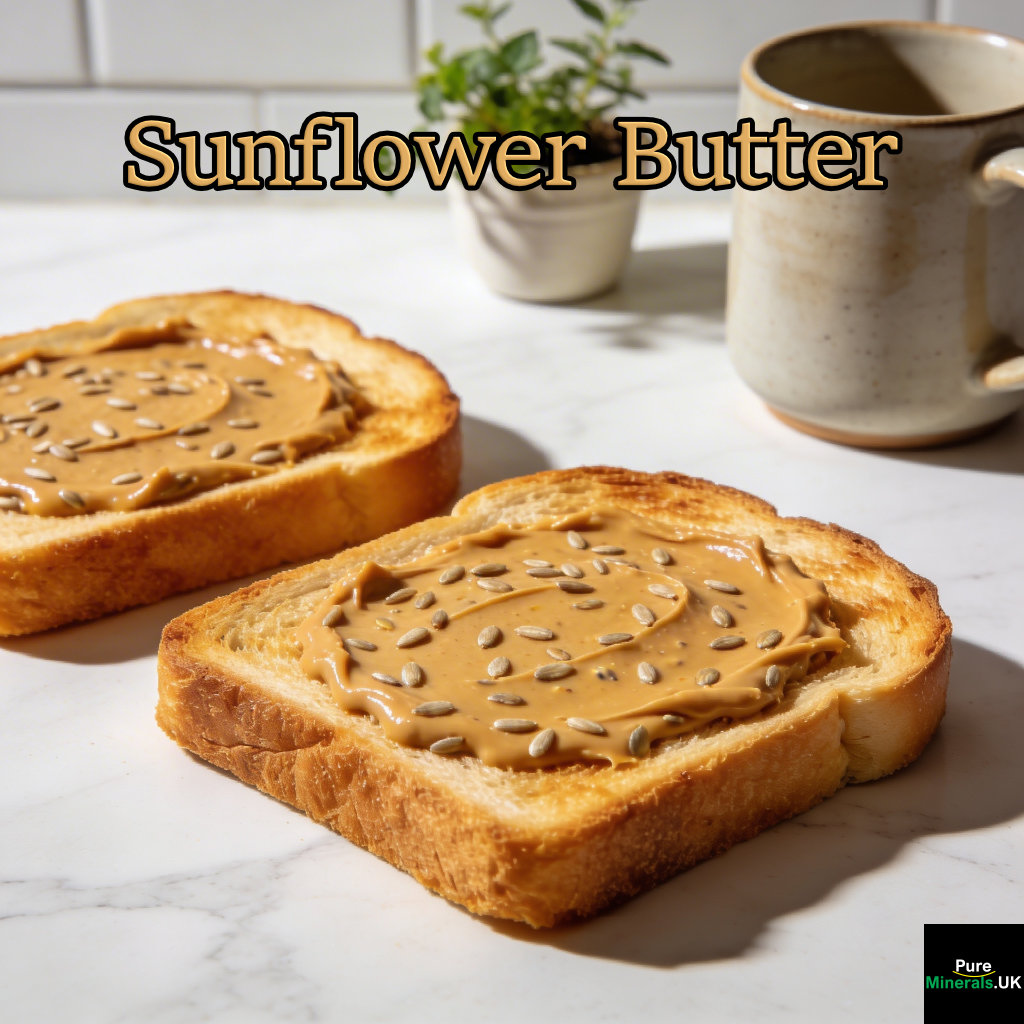 Golden toast spread with creamy sunflower seed butter on a clean countertop.