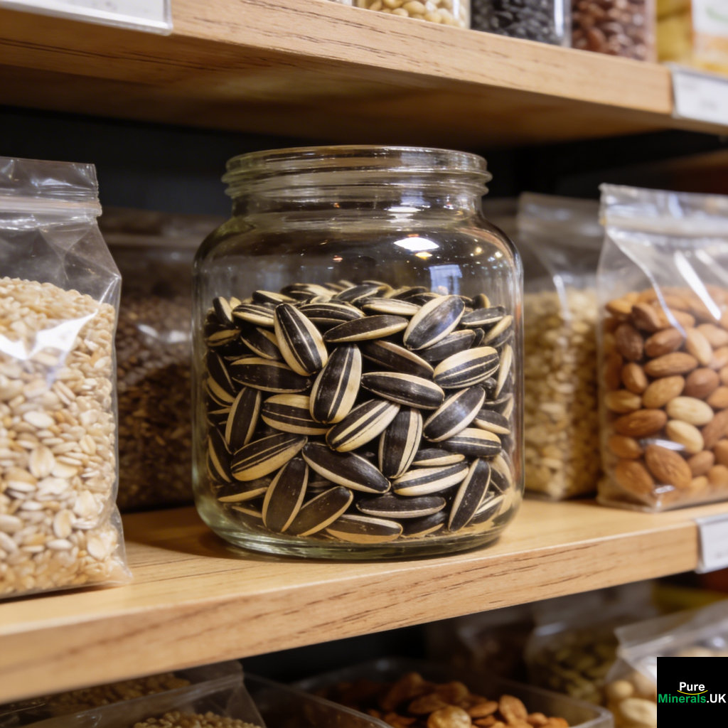 A glass jar filled with striped sunflower seeds on a wooden shelf in a bright health food shop surrounded by grains and nuts.