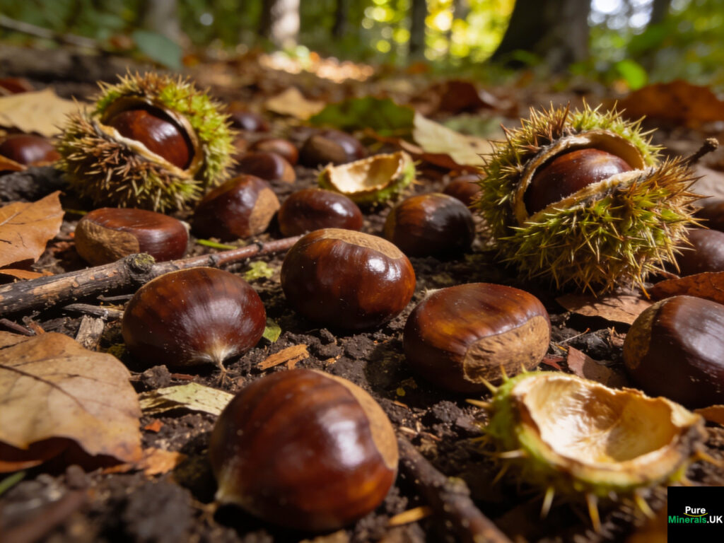 A close-up image of lots of sweet chestnuts on the woodland floor with burrs, and some with split burrs, revealing the shiny nuts.