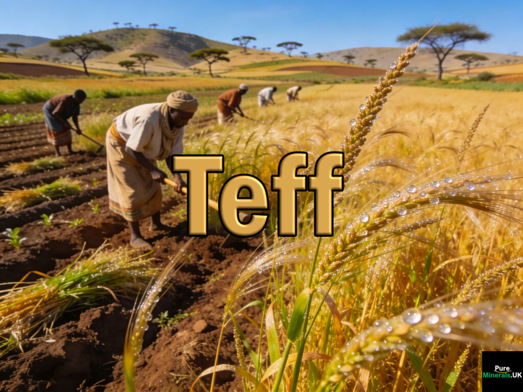 A dense field of fine teff plants with delicate seed heads growing on an Ethiopian farm, with farmers working under warm sunlight.
