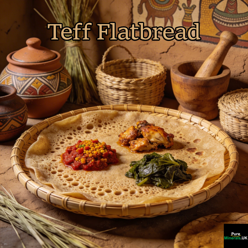 A large spongy injera flatbread with a porous texture topped with stews and vegetables on a woven tray in a traditional Ethiopian kitchen.