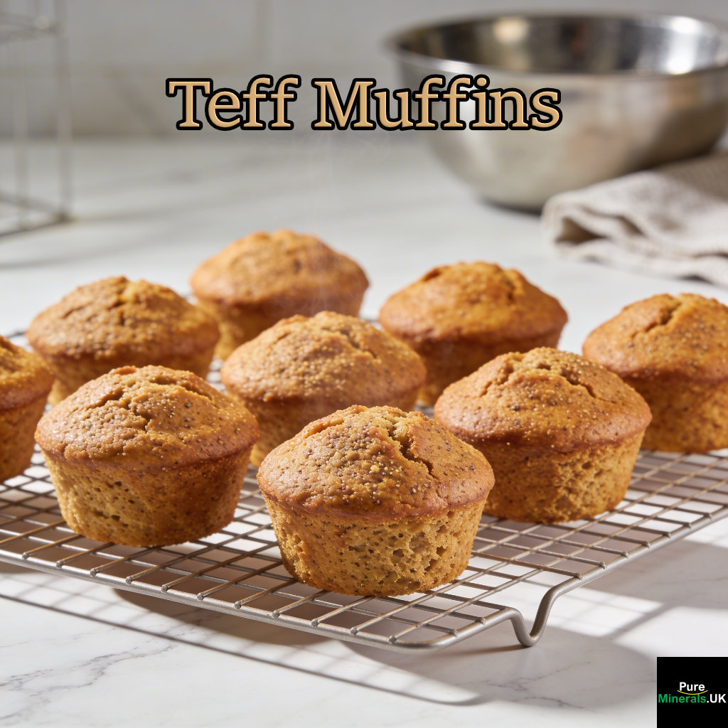 A batch of golden-brown teff muffins with a rustic texture arranged on a cooling rack in a softly lit modern kitchen.