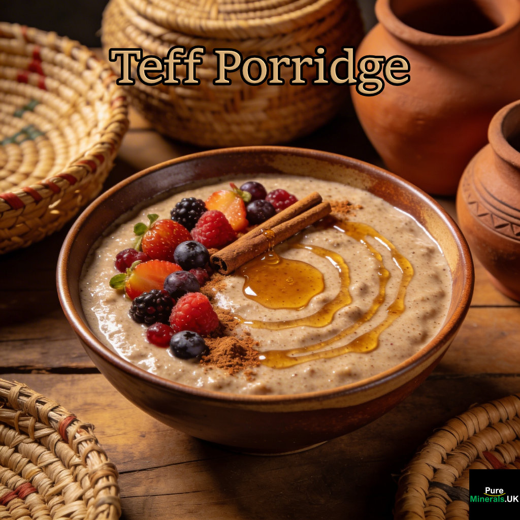 A bowl of thick, creamy teff porridge topped with honey, cinnamon, and fresh fruit in a warm traditional Ethiopian kitchen setting.