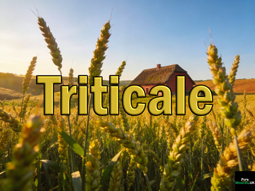 Fields of tall triticale plants with golden-green heads growing on a Polish farm with a farmhouse and rolling countryside under soft sunlight.